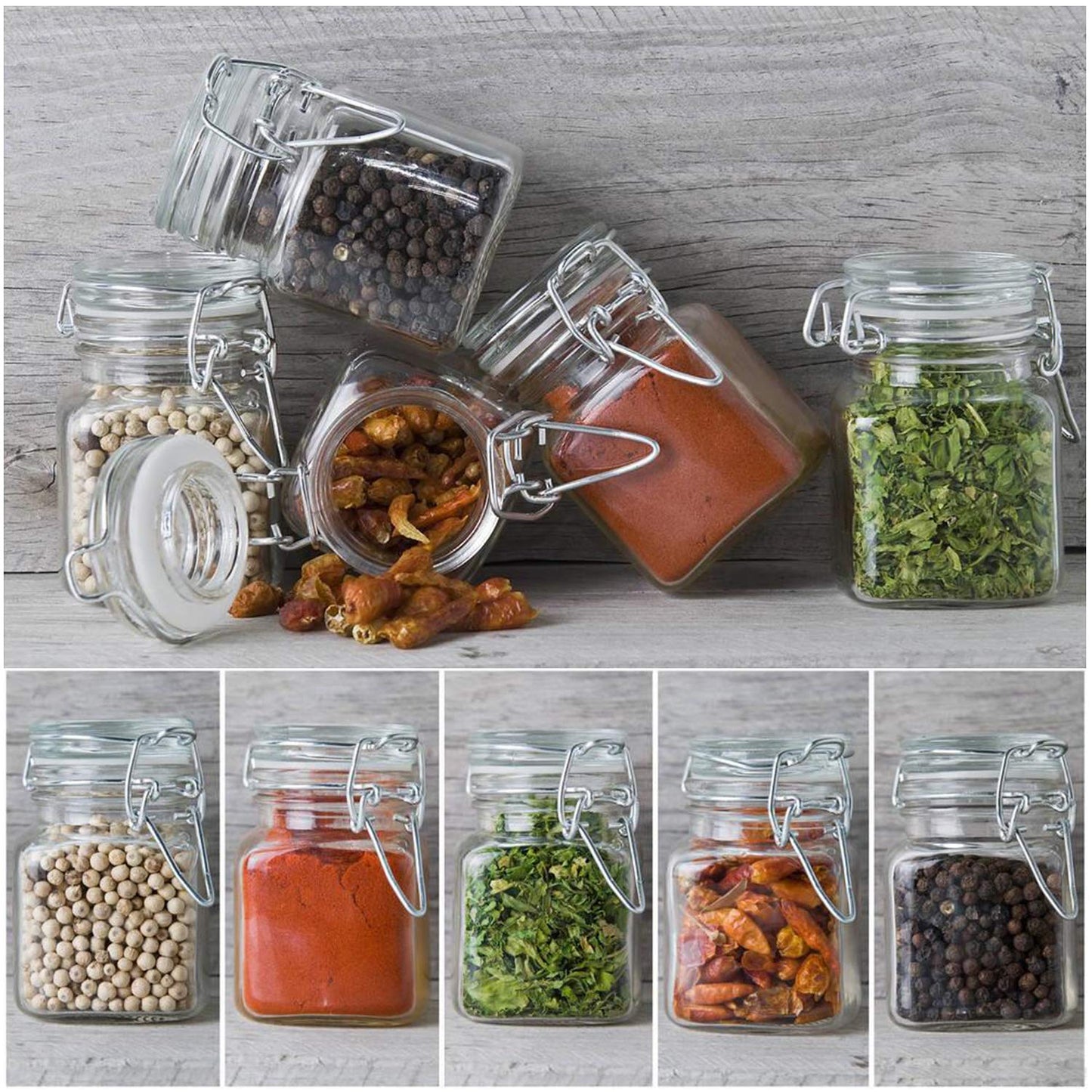 Spice Jars, 12 Pack 4oz Small Glass Jars with Airtight Hinged Lid, With 12 Spice Labels & Silicone Funnels, Airtight Glass Jars for Spices, Art Craft Storage (12 Pack)
