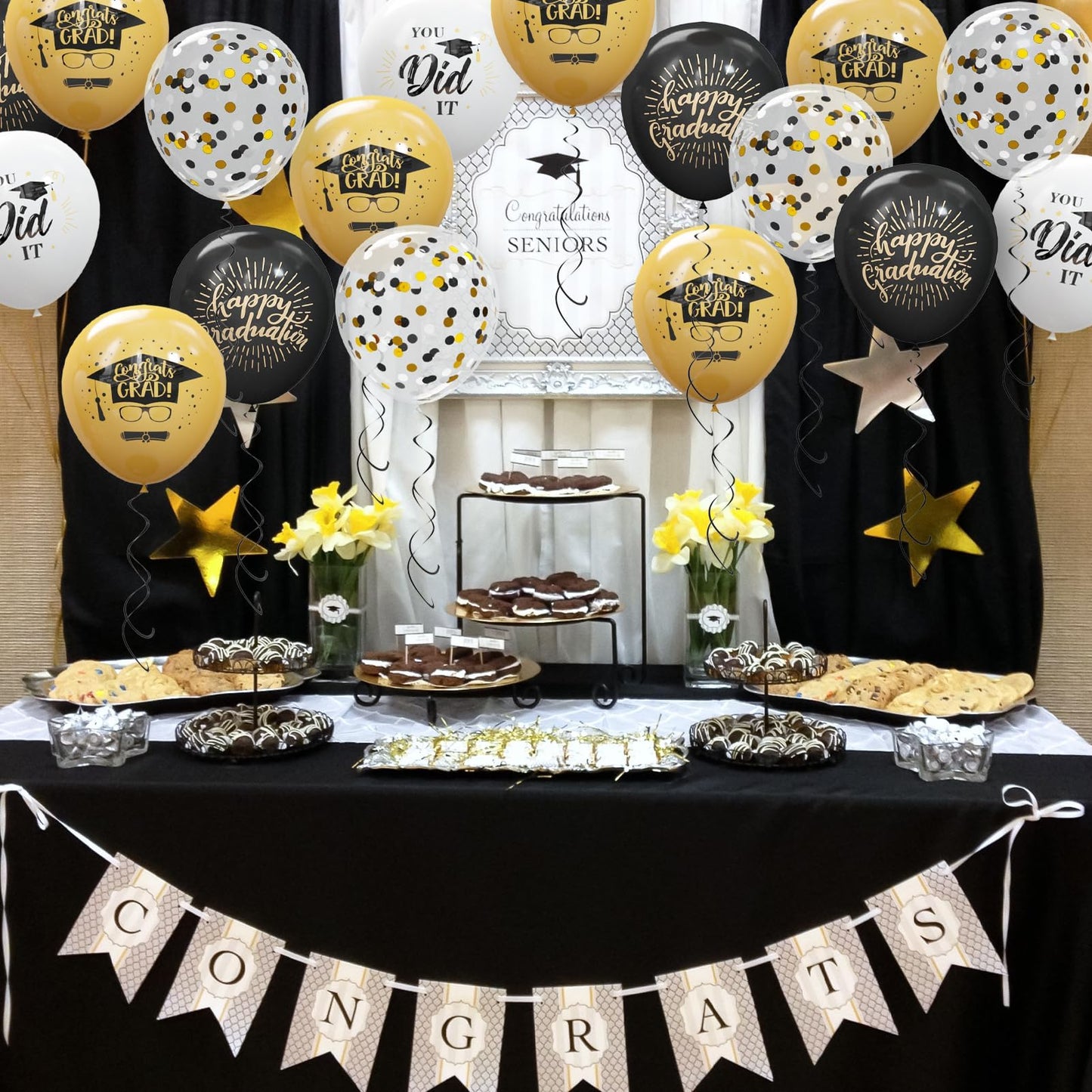 75 Pack Graduation Party Decorations Balloons Set - 12 Inch Black Gold Balloons with Balloon Ribbons for Graduation Party Decoration Supplies