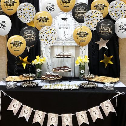 75 Pack Graduation Party Decorations Balloons Set - 12 Inch Black Gold Balloons with Balloon Ribbons for Graduation Party Decoration Supplies