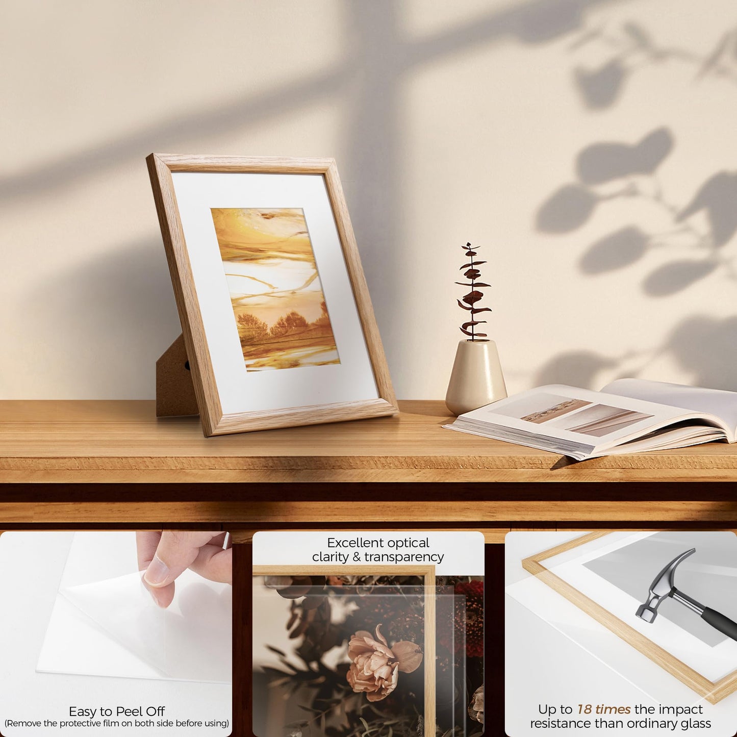 8x10 Oak Picture Frame for Wall, 8x10 Frame with Matted to 5x7, Solid Wood Picture Frames for Wall Art Photo and Prints (Beige, 1 Pack)