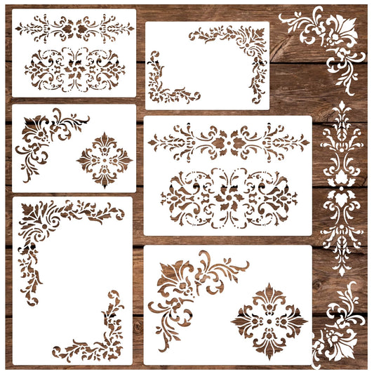 Corner Stencils for Painting, Vintage Damask Border Stencil Template Reusable Corners Damask Furniture Stencils for Wood Canvas Paper Fabric Floor DIY Craft (6pcs Corners)