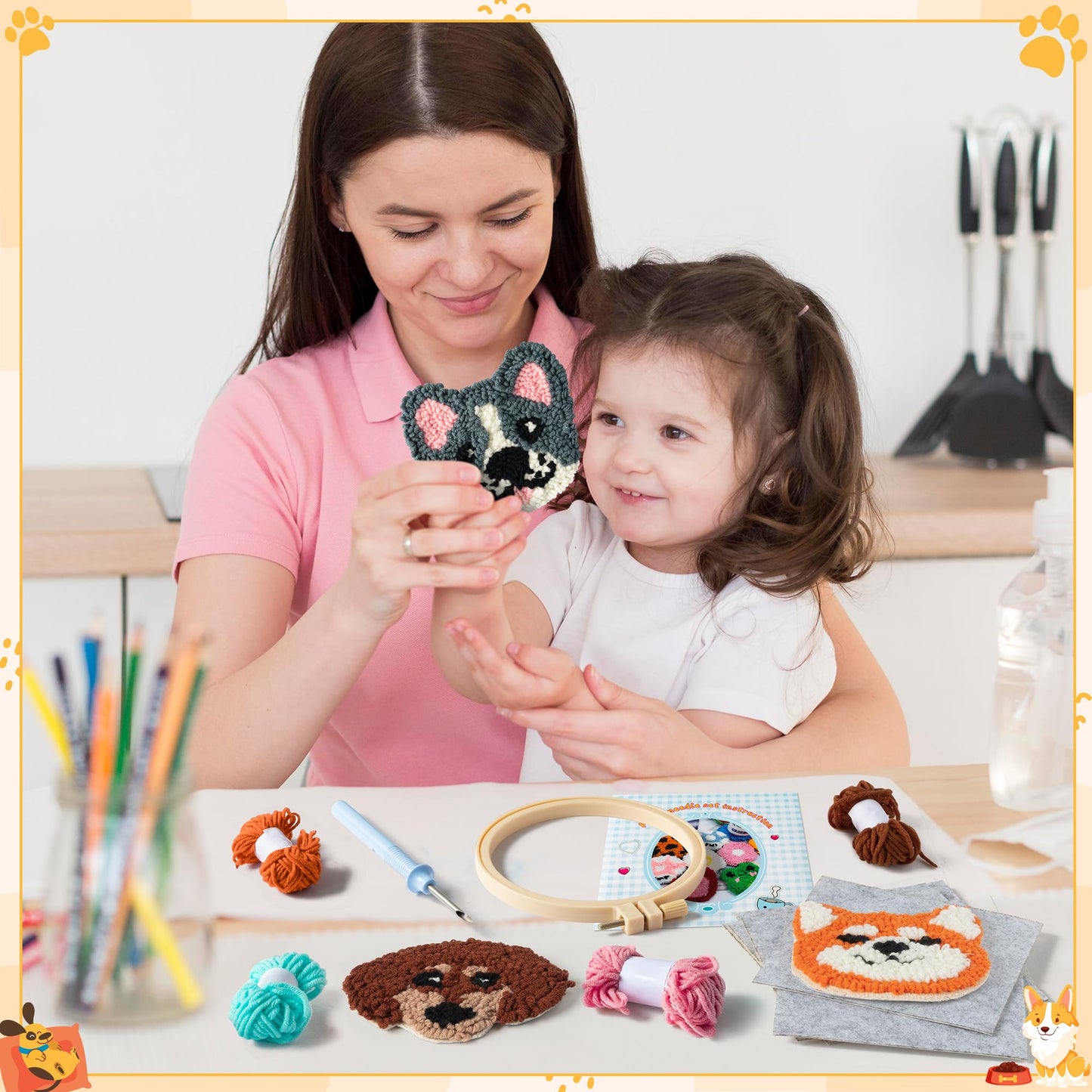 Puppy Punch Needle Coaster Kit - 6 Patterns Dog Punch Needle Embroidery Craft Kit, DIY Felting Coaster for Adults Beginners with Adhesive Yarns Fabric Felt Hoop Tools Instruction