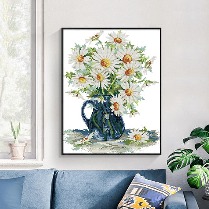 Stamped Cross Stitch Kits for Beginners Full Range of Cross Stitching Preprinted Pattern for Kids or Adults, Embroidery Needlepoint Starter Kits-Daisy vase, 15x18 inch