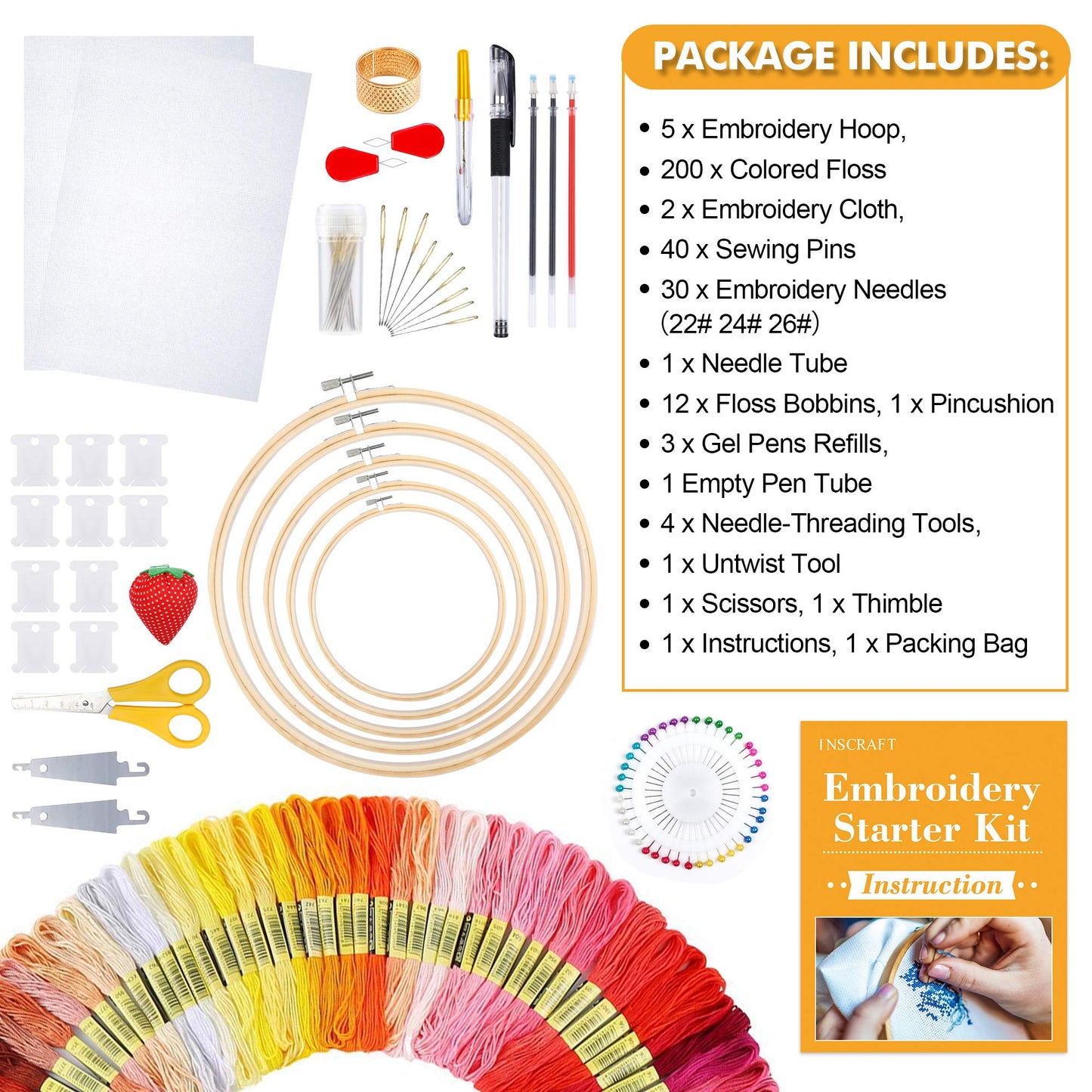 304 Pack Embroidery Kit, 200 Colors Threads, 5 Pcs Bamboo Embroidery Hoops, 2 Pcs Aida Cloth, Instructions, Bag and Cross Stitch Tools Set, Hand Embroidery Starter Kit for Beginners Adults