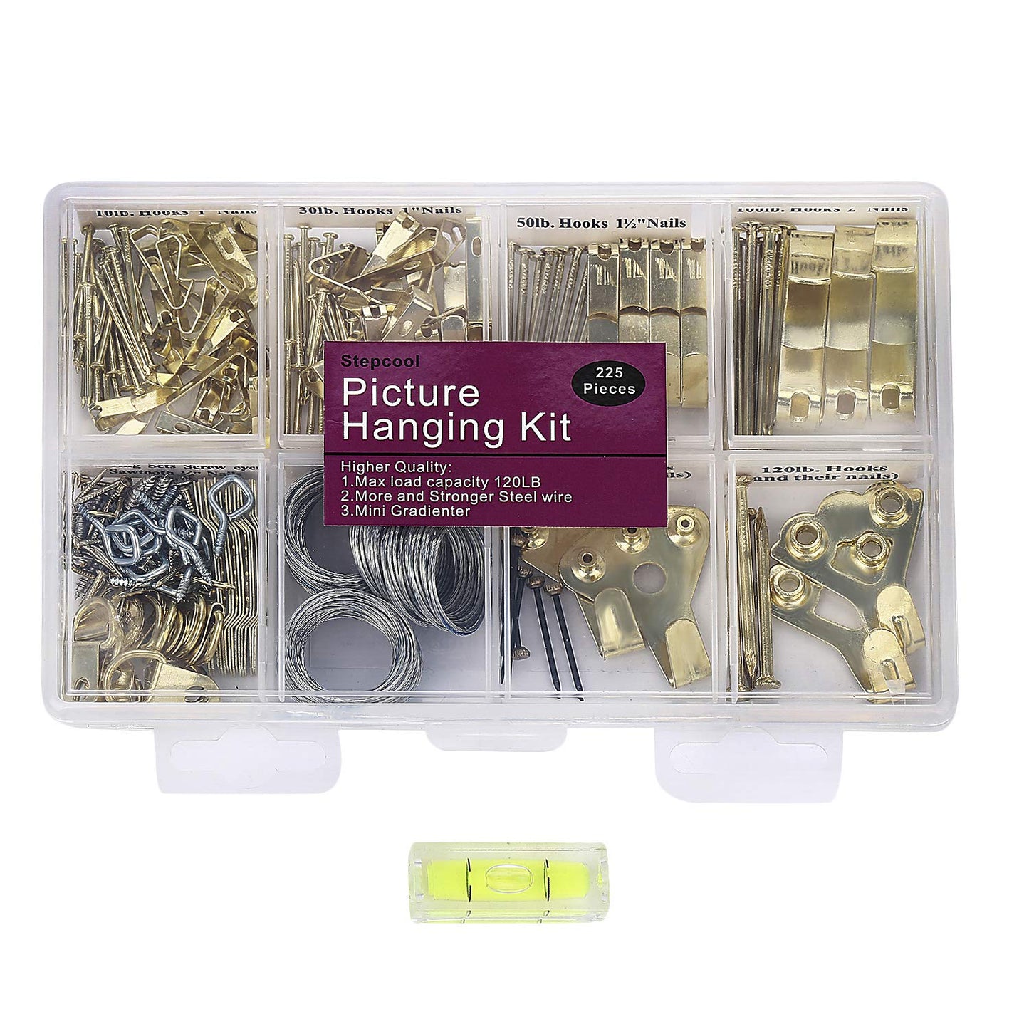 Picture Hangers, Picture Hanging Kit, 225pcs Heavy Duty Frame Hooks Hardware with Nails, Hanging Wire, Screw Eyes, D Ring and Sawtooth for Wall Mounting