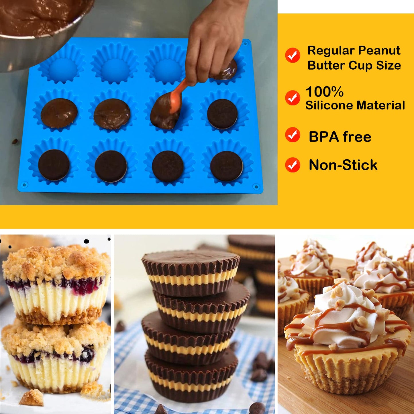 3pcs Peanut Butter Cup Mold, Silicone Mini Tart Pan for Bite Size Fat Bombs, Silicone Chocolate Candy Mold for Brownie (Peanut Butter Cup)