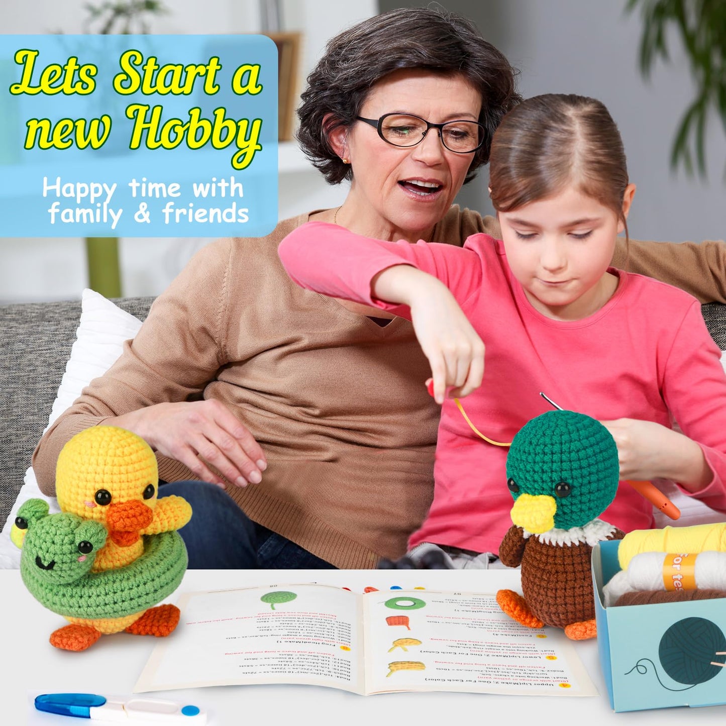 Crochet Kit for Beginners with Step-by-Step Video Tutorials, DIY Knitting Supplies for Adults & Kids, Ducks (45%+ Yarn)