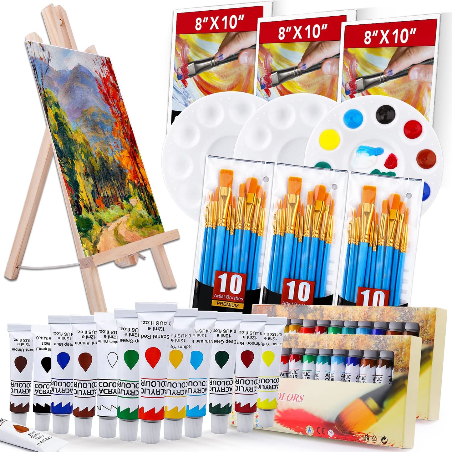 Acrylic Paint Set,Painting Supplies with 2 PCS of 12 Colors Acrylic Paint,1 Easel 3 Canvas 30 Paintbrushes and 3 Palettes, Paint Kit for Kids,Students, Artists and Beginner