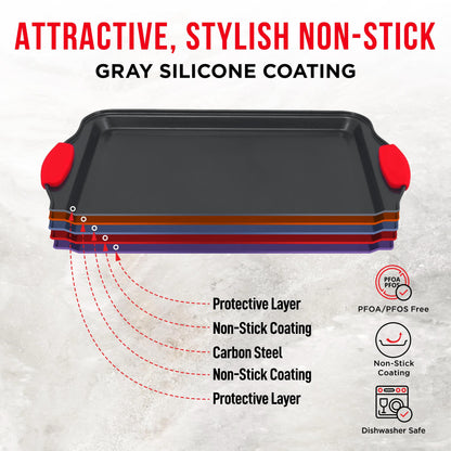 Baking Pan Set – 3 Piece Cookie Sheet – Deluxe Black Non-Stick Carbon Steel – Silicone Handles – Commercial Grade Restaurant Quality – PFOA PFOS and PTFE Free by Bakken