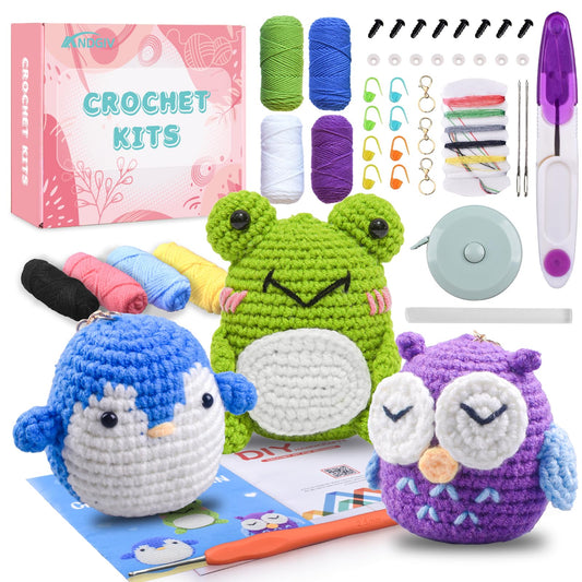 Crochet Kit for Beginners Kids Adults - Amigurumi Crocheting Animal Kits, Beginner Knitting Set DIY Art Craft, 3 Pattern Owl, Penguin, Frog, Easy to Learn Tutorials, Yarns, Hook, for Girls Age 12+