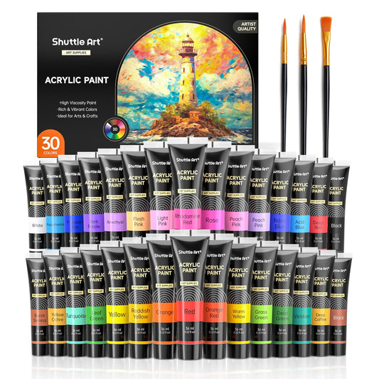 30 Colors Acrylic Paint Set, 36ml Tubes with 3 Brushes, Artist Grade Acrylic Paint, for Kids Adults Beginners, Painting on Crafts Canvas Wood Rocks