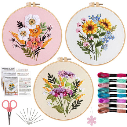 3 PCS Embroidery Kit for Beginners - Cross Stitch DIY Craft Set, Flower Embroidery Accessories & Hoop Included, Hand Embroidery Kit for Adults Stitching Sewing Kit Gift | FlowerB Patterns