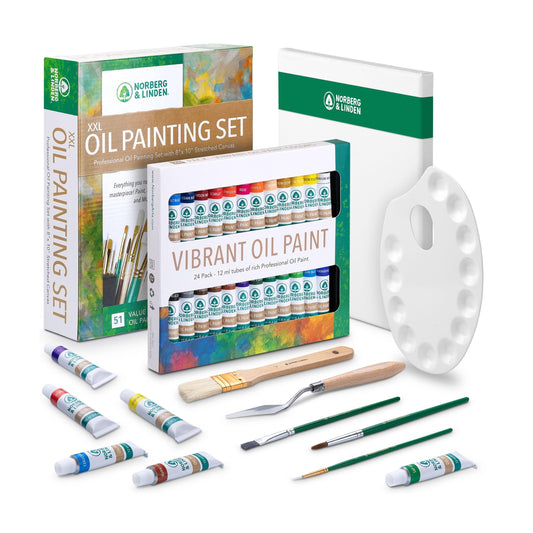 XXL Oil Paint Set - 24 Paints, 25 Brushes, 1 Canvas, and Art Palette - Oil Painting Supplies for Kids and Adults, Paint Supplies