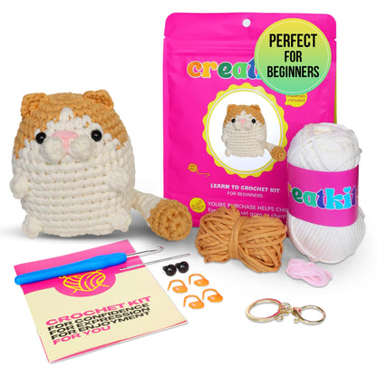 Crochet Kit for Beginners – Kitten | DIY Crochet Animal Kit with Step-by-Step Video – Craft Set for Adults & Kids – Includes Yarn, Hook, Tools & Instructions