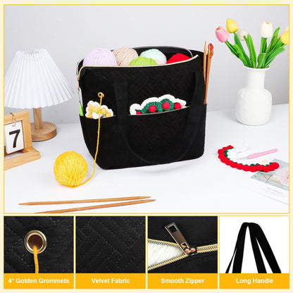 Crochet Bag Organizer for Yarn Storage, Velvet Knitting Tote Bag with Double Handle for Crochet Accessories, Portable Travel Case for Yarn Balls, Crochet Hooks& Knitting Needles Holder (Black)