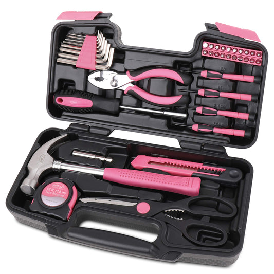 Tools Original 39 Piece General Household Tool Set in Toolbox Storage Case with Essential Hand Tools for Everyday Home Repairs, DIY and Crafts - Pink Ribbon - Pink - DT9706P