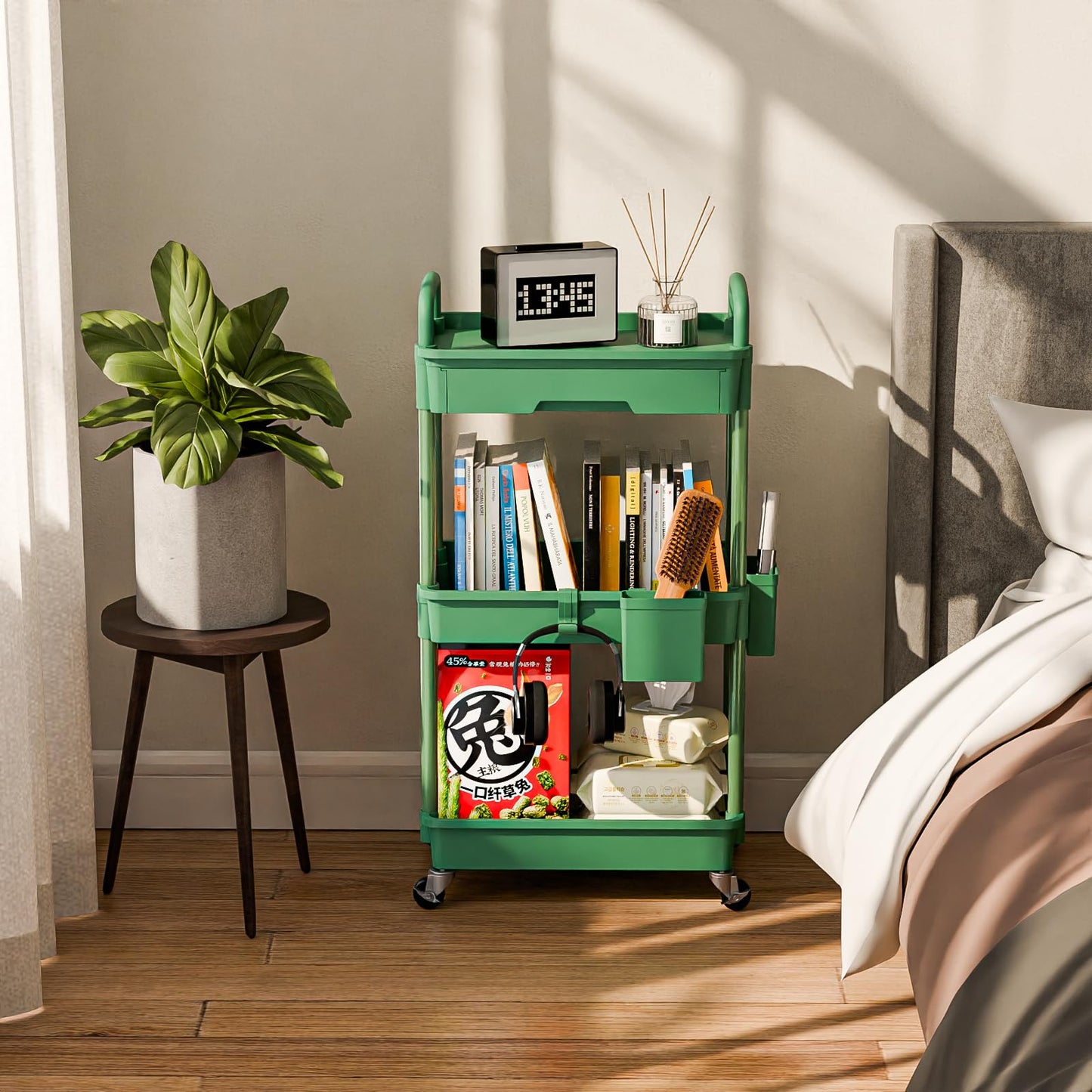 3 Tier Rolling Cart Organizer,Laundry Room Bathroom Organizers and Storage Office Shelves Mobile Shelving Unit Kitchen Trolley Cart with Wheels for Art,Craft,Diaper,Bedside,Snack(Green)