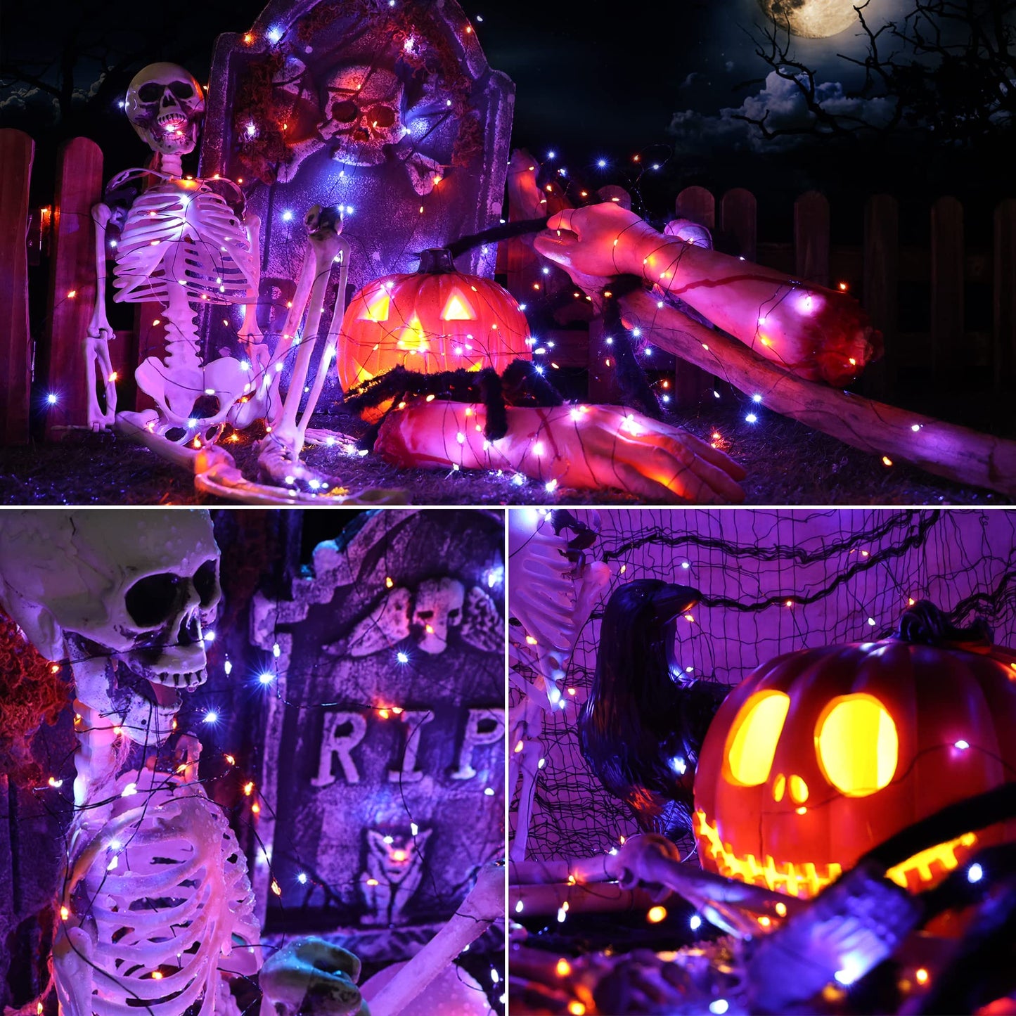Orange & Purple Halloween Lights, 2 Pack Total 78ft 240 LED Orange Lights, Purple Solar Halloween Lights 8 Modes, Outdoor Twinkle Orange Halloween String Lights Black Wire for Halloween Decor