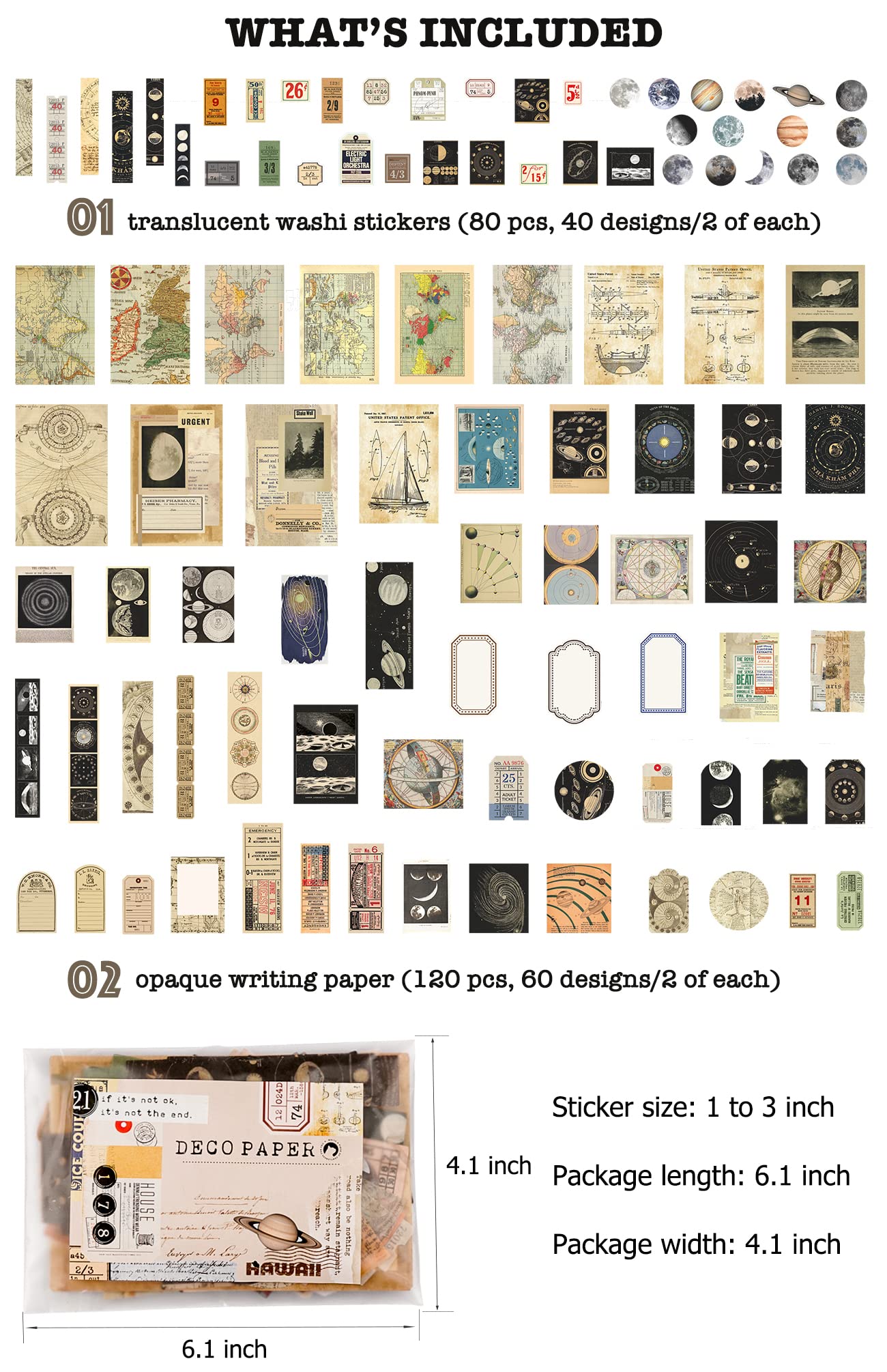 Vintage Scrapbook Supplies Pack (200 Pieces) for Witchy Junk Journal Bullet Journals Planners Space Moon Paper Stickers Craft Kits Collage (Celestial)