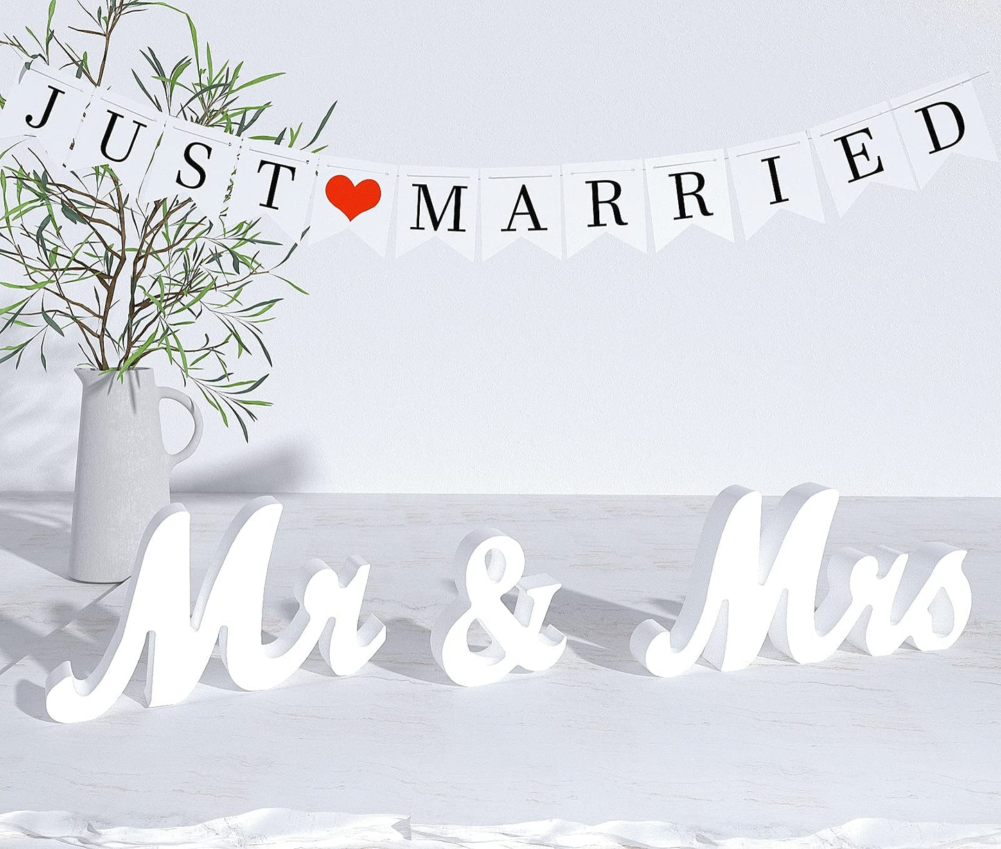 Mr and Mrs Sign for Wedding Table,Large White Mr and Mrs Sign,Wooden Letters,Mr & Miss Sign with Just Married Banner Wedding Decorations for Anniversary