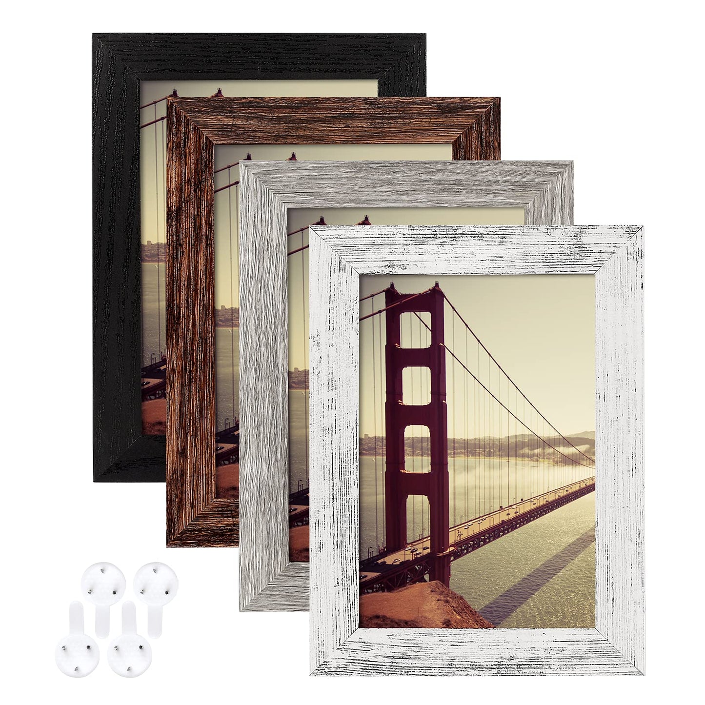 4x6 Picture Frame Distressed Farmhouse Wood Pattern Set of 4 with Tempered Glass,Display 3.5x5 with Mat or 4x6 Without Mat,Multicolour