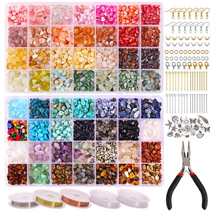 1800pcs 56 Colors Crystal Beads, Ring Making Kit, Gemstone Chip Beads Irregular Natural Stone with Jewelry Making Supplies for DIY Craft Bracelet Necklace Earrings, Craft Gifts