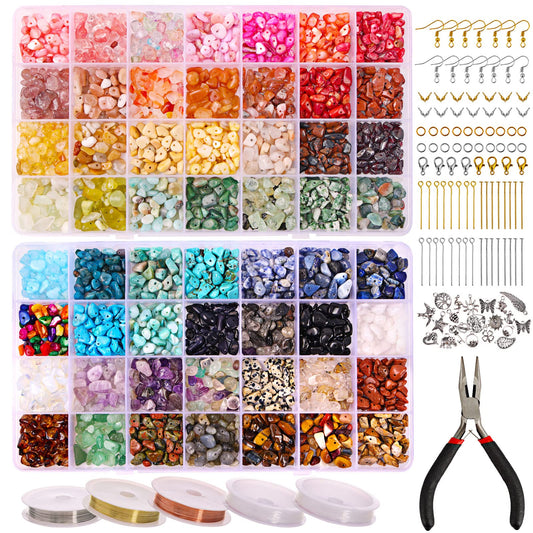 1800pcs 56 Colors Crystal Beads, Ring Making Kit, Gemstone Chip Beads Irregular Natural Stone with Jewelry Making Supplies for DIY Craft Bracelet Necklace Earrings, Craft Gifts
