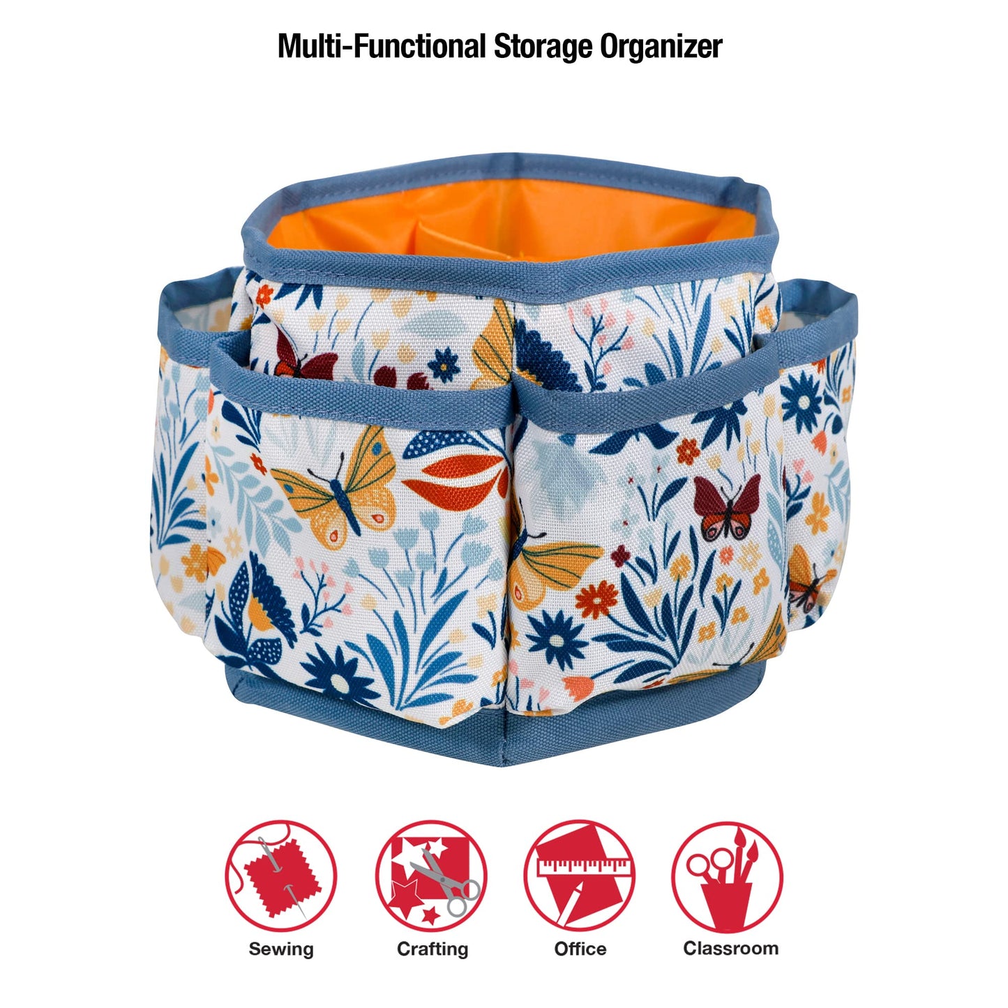 360 Degree Rotating Organizer for Tabletop, Counter, Storage, Sewing Supplies, Art Supplies with Compartments, Butterfly Floral Print