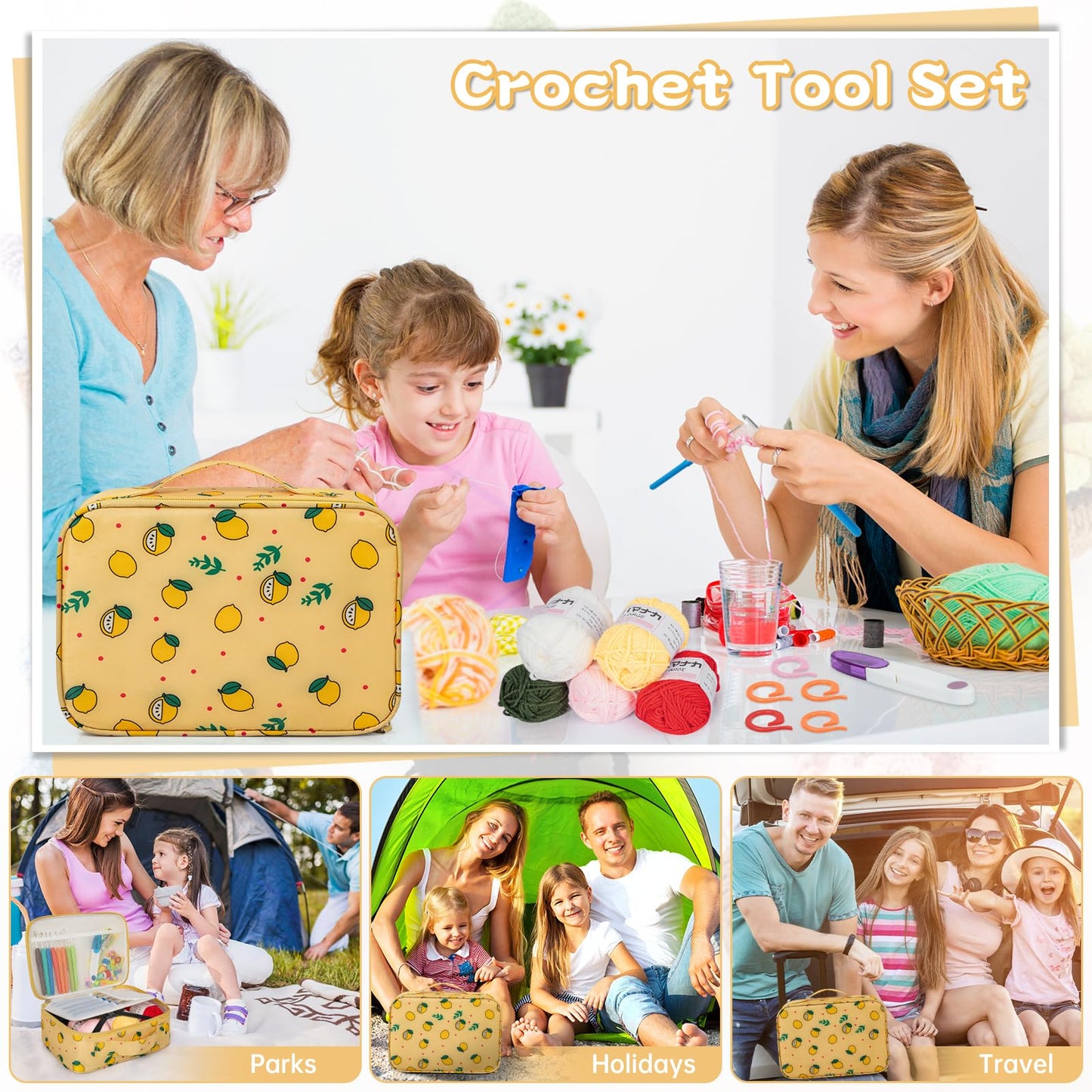 Crochet Kit for Beginners Adults Kids, 59 PCS Crochet Sets Include Yarn, Crochet Hooks and Tools, Portable Crochet Starter Kit for Making Variety Projects Crochet Supplies, Yellow Lemon