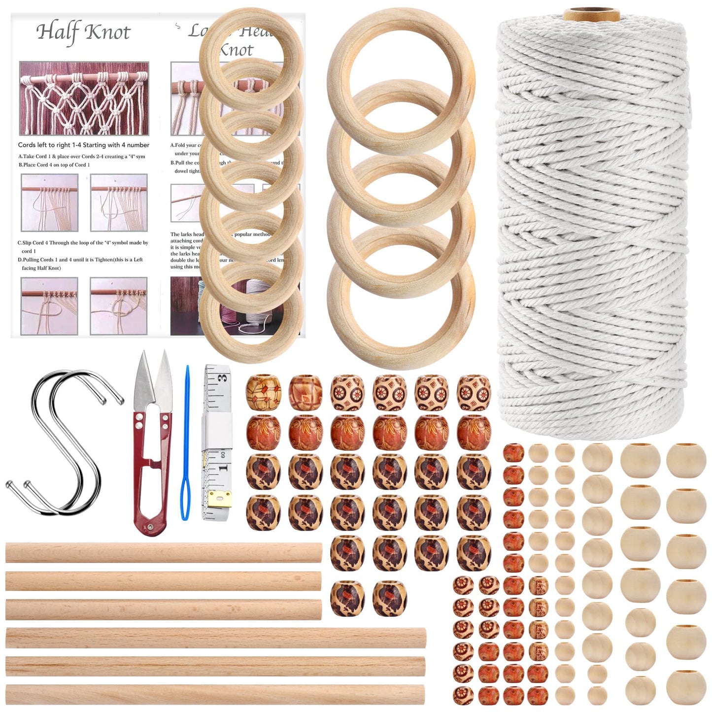 121Pcs Macrame Kit, Macrame Supplies 3mm x 109Yards Macrame Cord for Macrame Kits for Adults Beginners, with Accessories Like 100Pcs Beads and 10Pcs Wooden Rings for Macrame Plant Hanger Kit