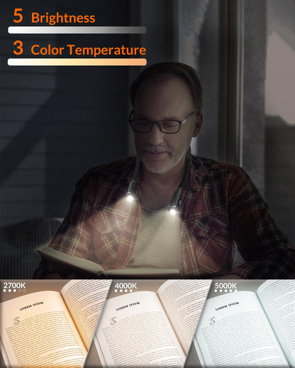 Neck Light - 3-Color & 5-Brightness, Comfortable Silicone Arm, Eye-Caring for Reading, Knitting, Crafting