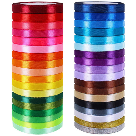 36 Colors 900 Yards Fabric Ribbons, Satin, Metallic Glitter Ribbons Rolls for Craft, Embellish Decorative Ribbons 2/5" Wide for Floral Bouquet Gift Wrapping Bows Wedding Shower Decoration