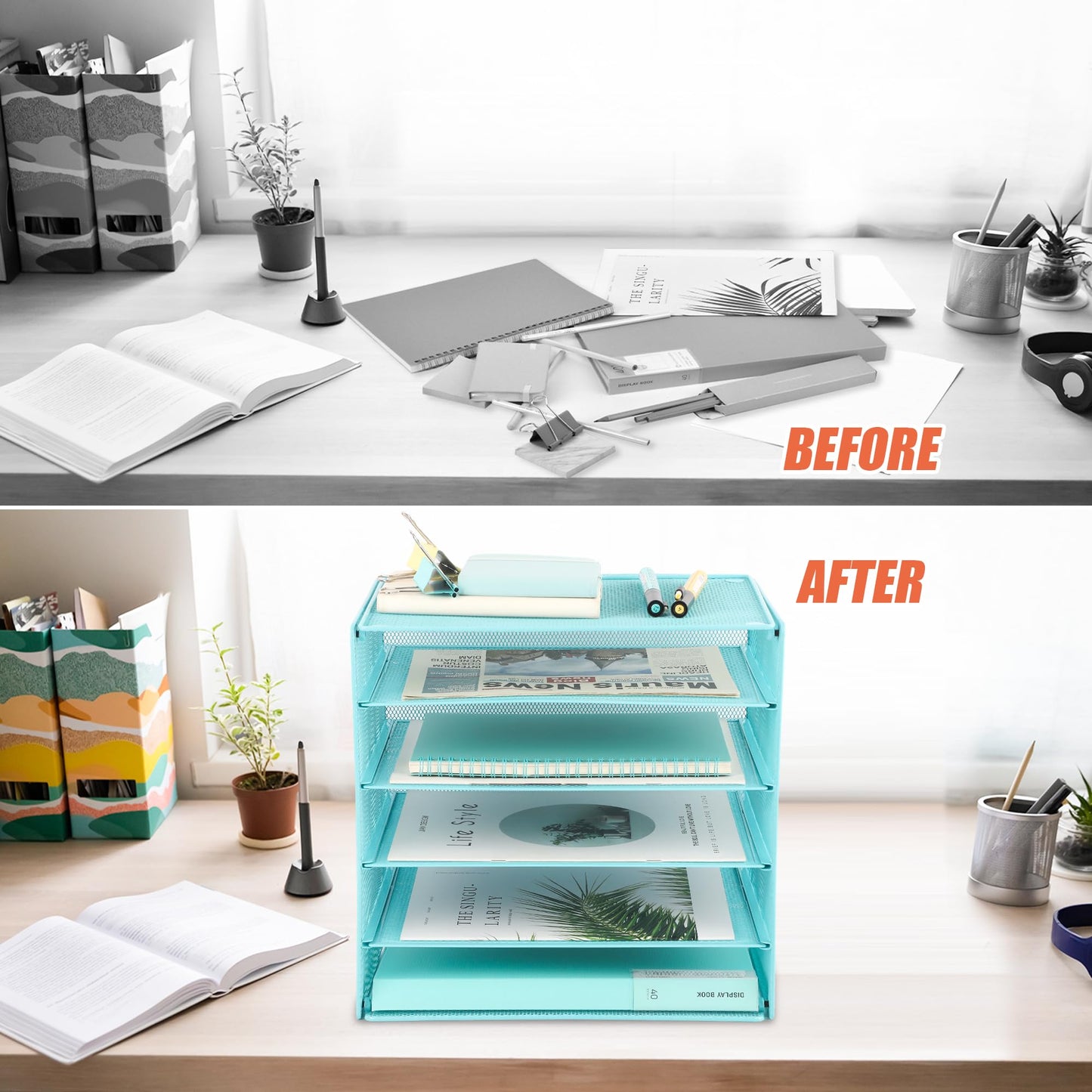 5 Slot Mesh Desk Organizer Tray, File Paper Letter Folder Holder Desktop Paper Sorter Mail Organization Rack Storage Accessories, for Office Home School Classroom, Blue