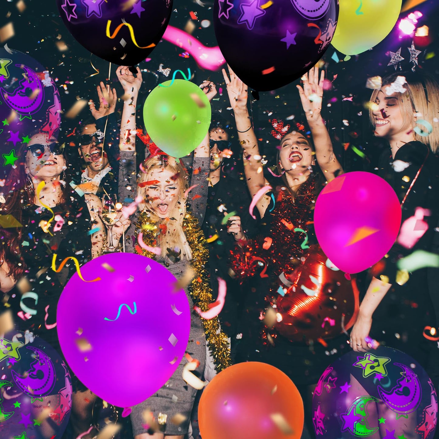 66PCS Glow Balloons Assorted, 12"" UV Neon Party Latex Balloons Moon Stars Fluorescent Balloons for Birthday Wedding Glow Party Supplies, Medium