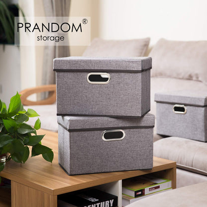 Foldable Storage Boxes with Lids [3-Pack] Linen Fabric Collapsible Storage Bins Organizer Containers Baskets Cube with Cover for Home Bedroom Closet Office Nursery (14.9x9.8x9.8)