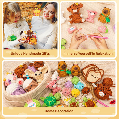 Crochet Kit for Beginners with 40% Extra Eco-Friendly Pre-Started Easy Yarn, Step-by-Step Video Tutorials for Adults and Kids (Highland Cattle)
