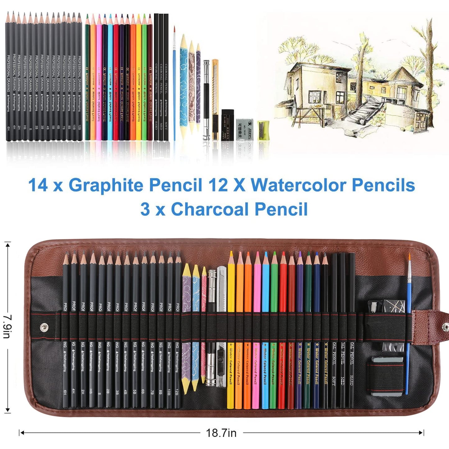 Sketching Pencil Set Drawing Pen Charcoal Sketch Kit Cover Graphite Charcoal Watercolor Pencils Paper Erasable Pen Beginners Artist Children and Adults(39pcs Art Supplies)