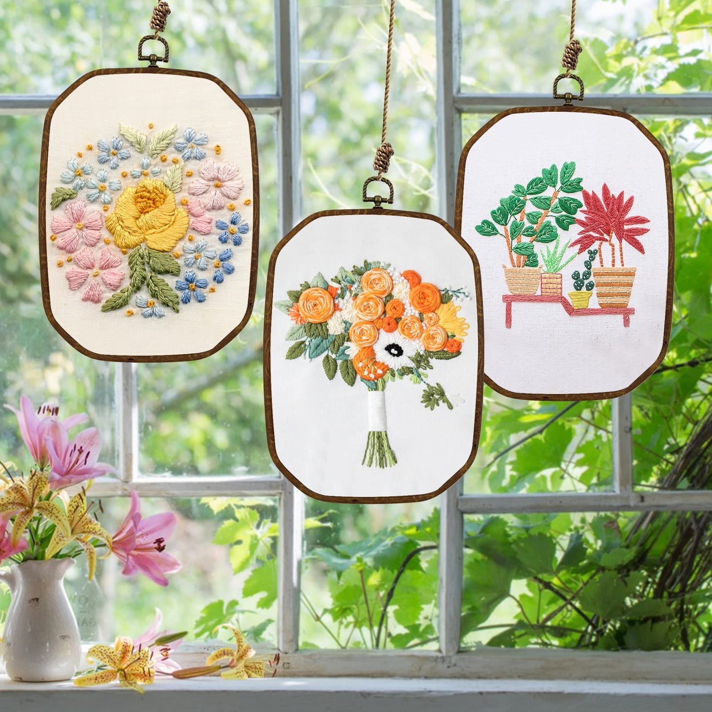 Resin Decorative Embroidery Hoop - 3 Pieces 10*7 inch Cross Stitch Hoops Set, Resin Embroidery Frame for Display Sewing Craft Hanging Ornament (Imitation Wood)