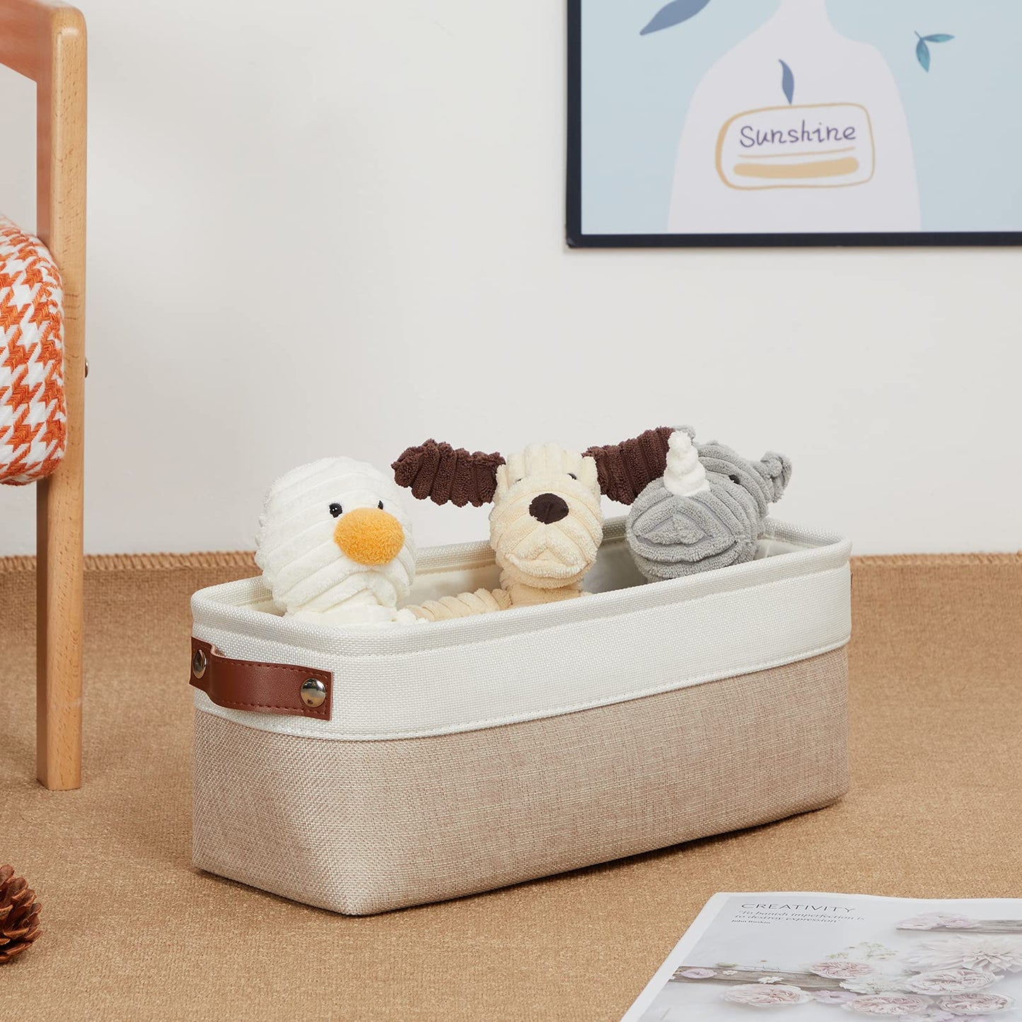 2-Pack Bathroom Baskets for Toilet, Small Storage Bins for Organizing Closets, Cabinets, Shelves, Canvas Fabric Storage Basket Bins With Leather Handles for Empty Gift Basket (White&Khaki)