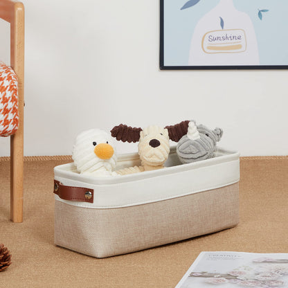 2-Pack Bathroom Baskets for Toilet, Small Storage Bins for Organizing Closets, Cabinets, Shelves, Canvas Fabric Storage Basket Bins With Leather Handles for Empty Gift Basket (White&Khaki)