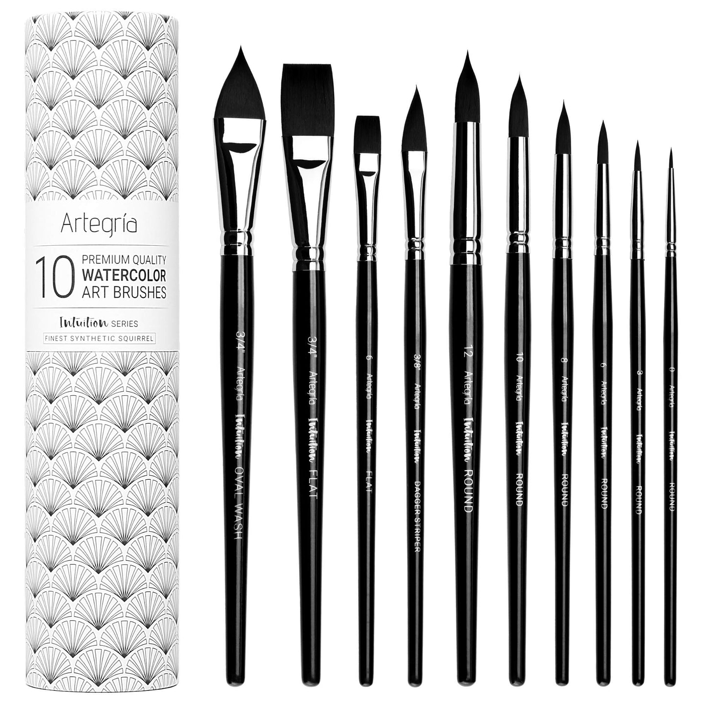 10 Soft Synthetic Squirrel Paint Brushes, Including Pointed Rounds, Flats, Dagger, Oval Wash