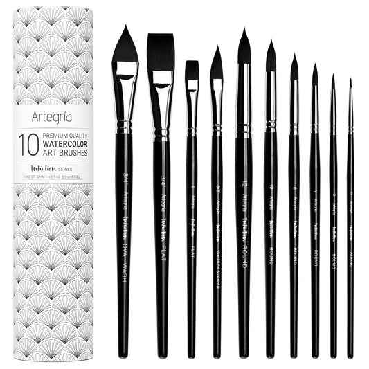 10 Soft Synthetic Squirrel Paint Brushes, Including Pointed Rounds, Flats, Dagger, Oval Wash