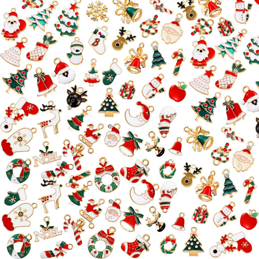 100 Pcs Mini Christmas Charms for Jewelry Making DIY Bulk Assorted Gold Alloy Christmas Pendant Santa Claus Snowman Reindeer Pendant Charm Necklace Bracelet Xmas Earrings Crafting Supply Decor