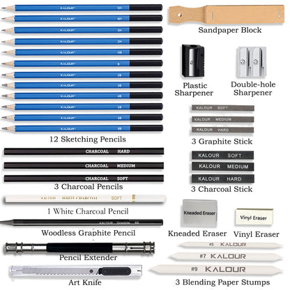 33 Pieces Pro Drawing Kit Sketching Pencils Set,Portable Zippered Travel Case-Charcoal Pencils, Sketch Pencils, Charcoal Stick,Sharpener,Eraser.Art Supplies for Artists Beginner Adults Teens