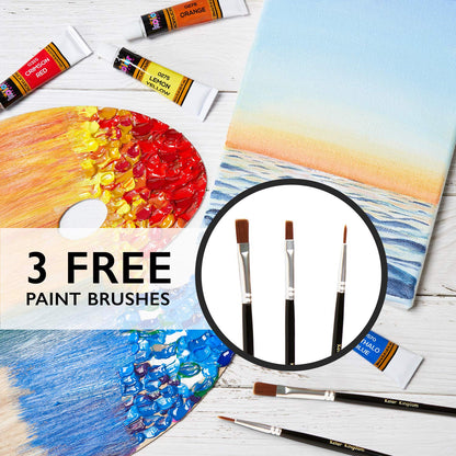 Acrylic Paint Set Canvas Art Paints 24 Colors Perfect Paint Finish (0.41oz,12 ml) With 3 Brushes - Painting Canvas, Paper, Wood, Rock, MDF, Ceramic & Fabric