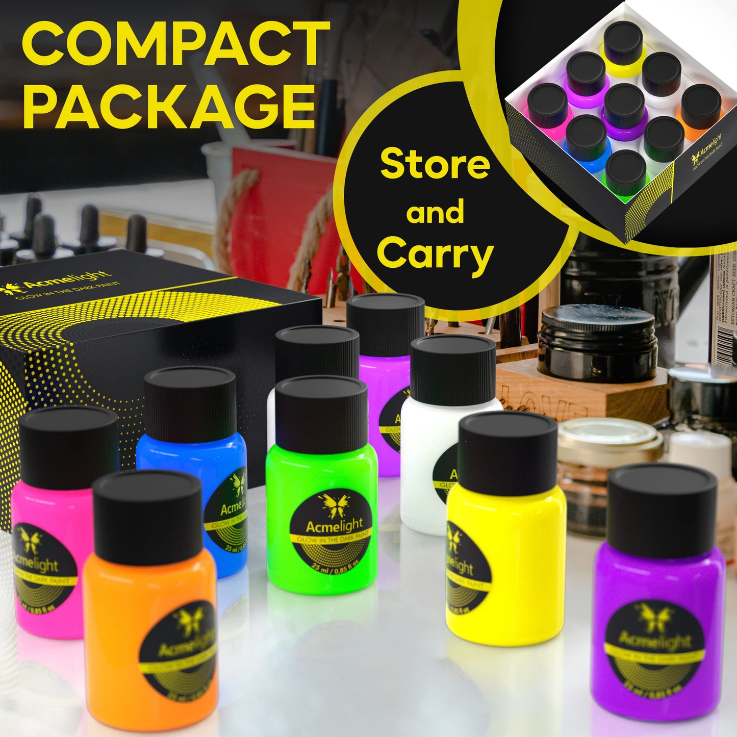 Glow in the Dark Acrylic Paint – Fluorescent Neon Paint for Canvas Boards - Blacklight Set Ideal for DIY Projects – Art Supplies for Adults – Craft Gift for Artists