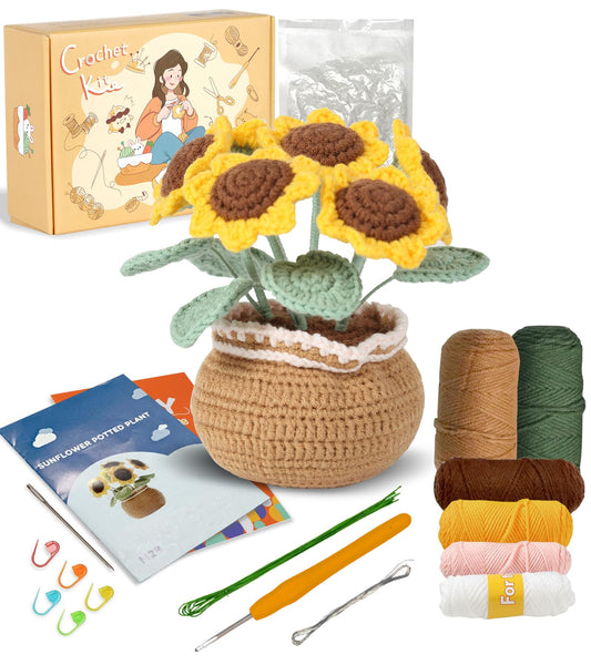 Crochet Kit for Beginners, Sunflower Crochet Starter Kit with Step-by-Step Video Tutorials, 40% Extra Practice Yarn