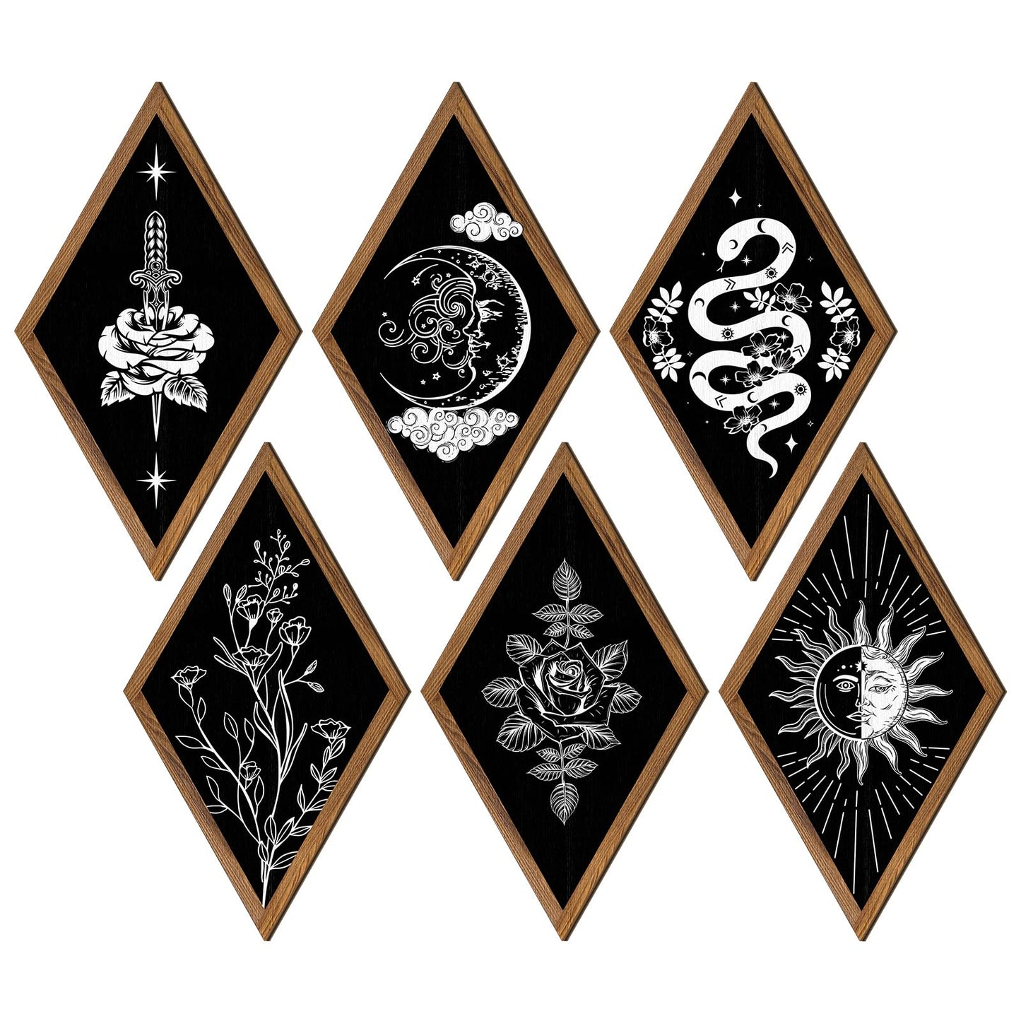 6 Pieces Wall Decor Boho Wall Art Sun Moon Phases Wall Art Gothic Minimalist Stars Sun Wall Hanging Boho Wooden Home Decor Farmhouse Wall Pediments for Gallery Living Bedroom Room