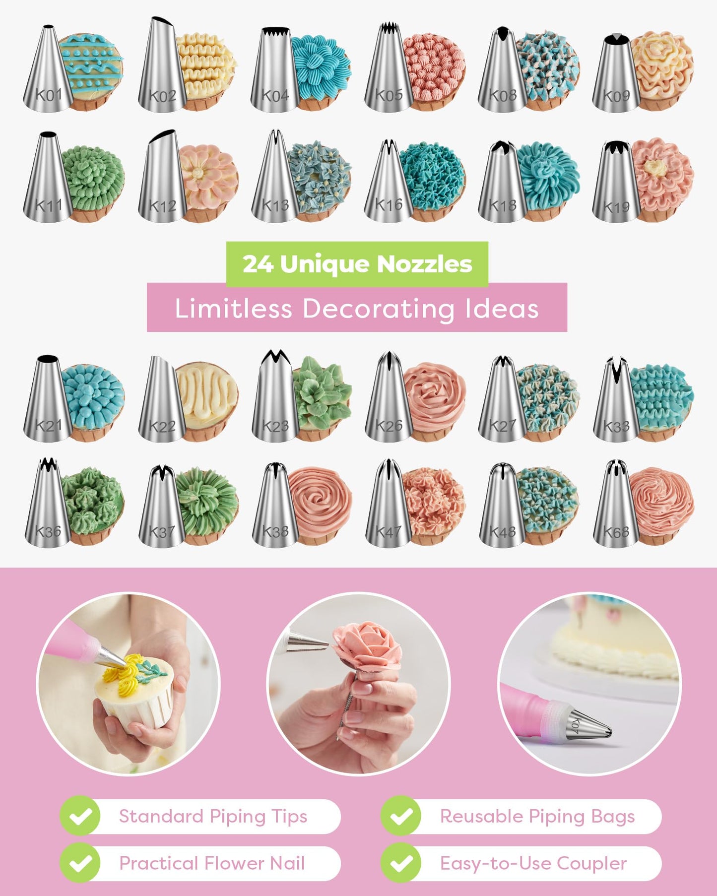 32-Piece Piping Bags and Tips Set with 24 Icing Piping Tips, 2 Reusable Pastry Bags 12 Inch, Reusable Piping Icing Bags and Tips, Cake Decorating Kit for Frosting Cookie, Cupcake