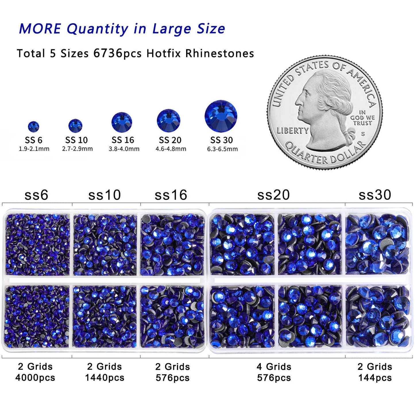 6736pcs Hotfix Rhinestones Flatback,Royal Blue Rhinestones for Crafts Clothes Mixed 5 Sizes, Hotfix Crystals with Tweezers and Wax Pencil Kit, SS6-SS30,Sapphire